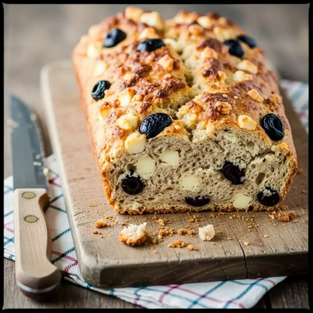 Savory cheese and olive quick bread fresh out of the oven