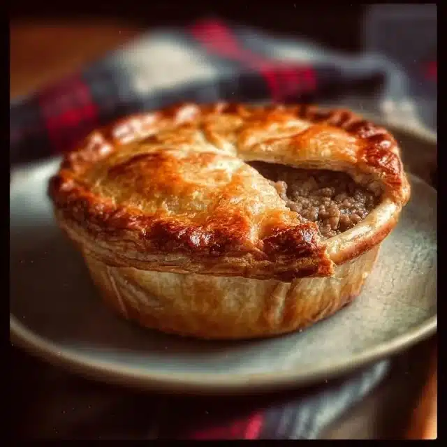 Traditional Scotch Pie filled with minced meat, a Scottish culinary delight.