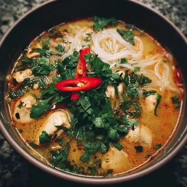 Bowl of simple Thai chicken soup garnished with herbs and lime