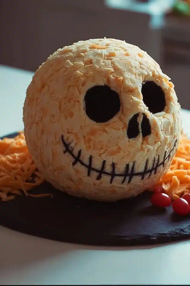 Skellington cheese ball appetizer for Halloween celebrations.