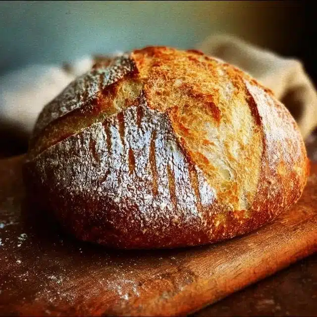 Freshly baked soft and chewy sourdough bread on a wooden table.
