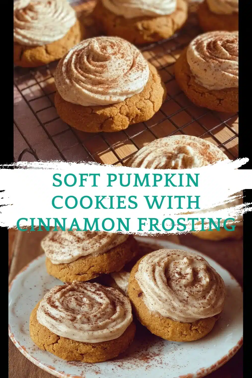 Soft pumpkin cookies with cinnamon frosting on a baking tray