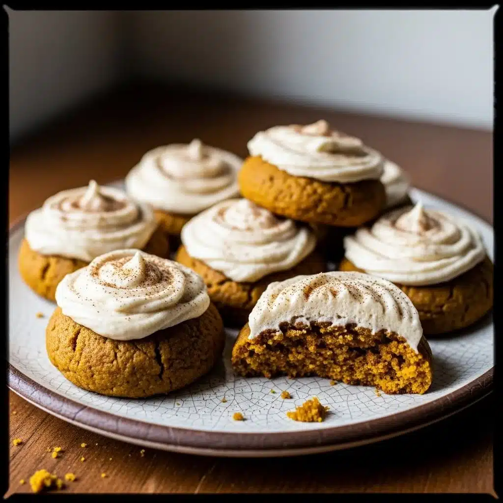 Soft Pumpkin Cookies with Cinnamon Frosting 1 Soft pumpkin cookies with cinnamon frosting on a wooden table