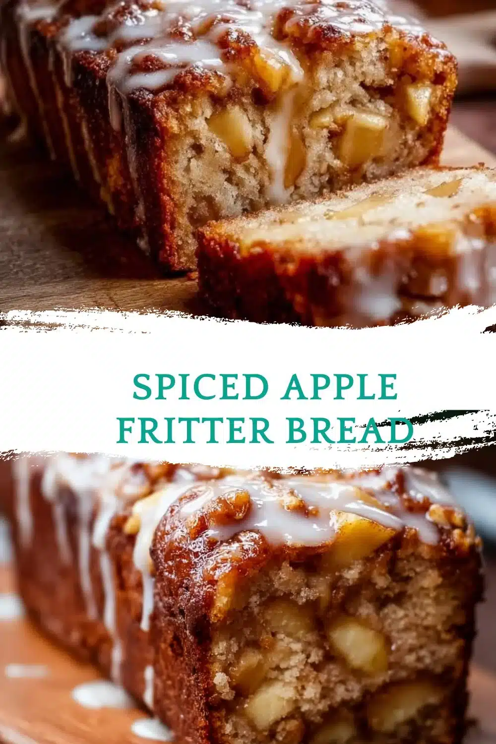 Freshly baked spiced apple fritter bread with chunks of apple and a sprinkle of cinnamon.