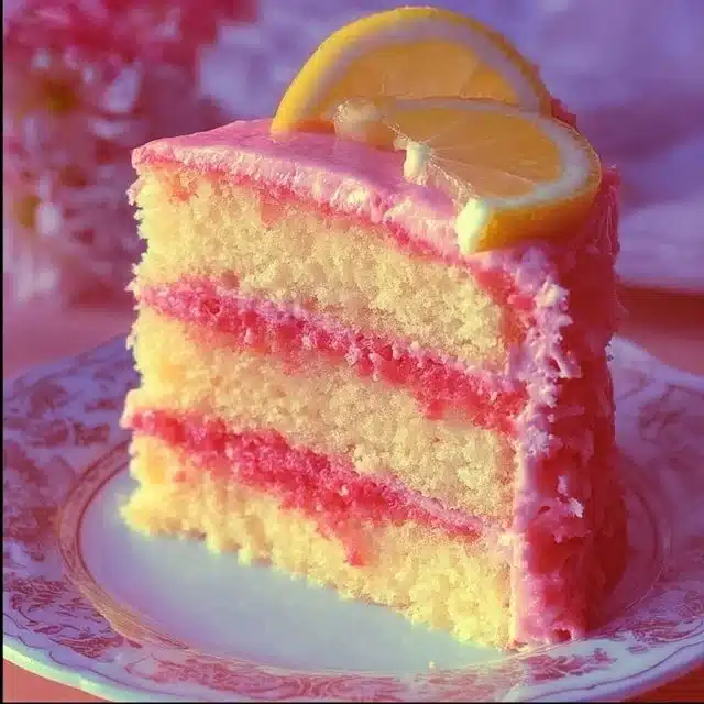 Slice of sweet and tart pink lemonade layer cake with decorative frosting and lemon slices