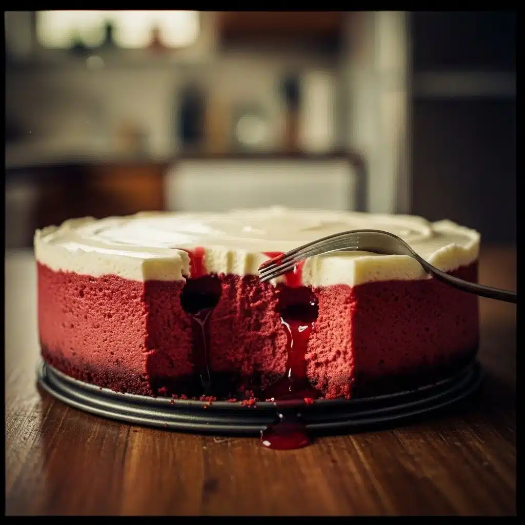 Vampire Bite Red Velvet Cheesecake 1 Vampire Bite Red Velvet Cheesecake dessert with dark chocolate drips and red velvet layers
