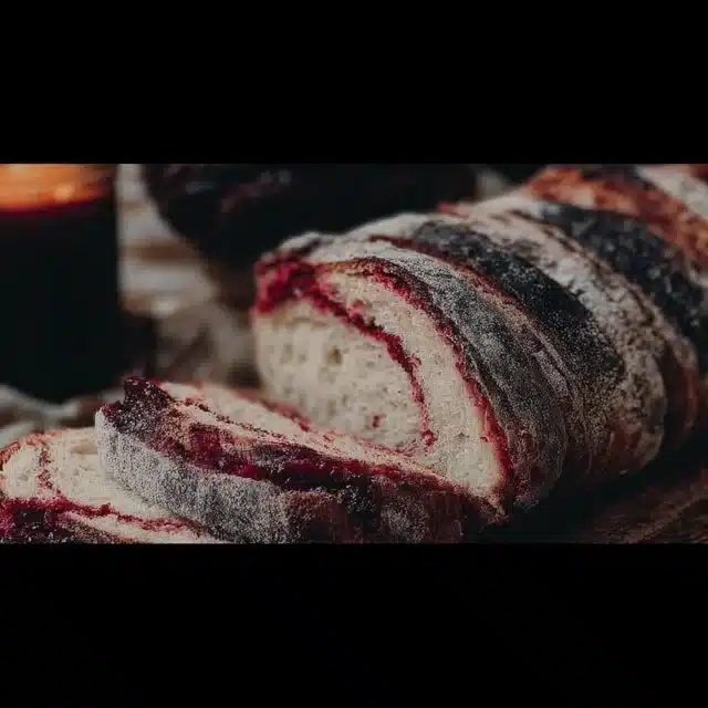 Loaf of vampire bread inspired by gothic themes with a dark, mysterious appearance.