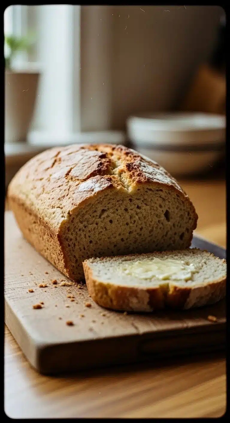 Delicious zero carb yogurt bread slice on a rustic wooden table.