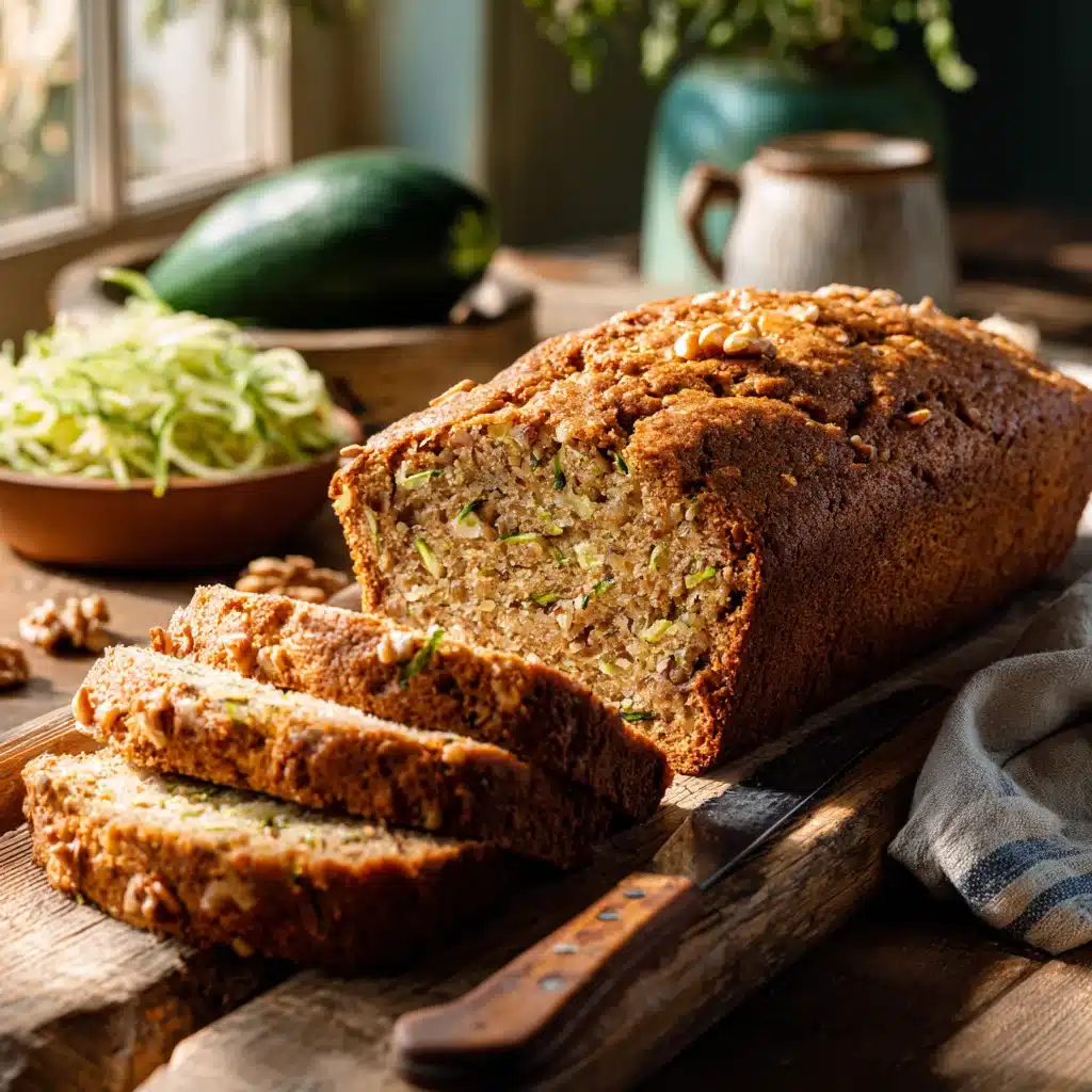 Freshly baked zucchini bread loaf with slices on a wooden table, showing moist texture and walnuts inside.