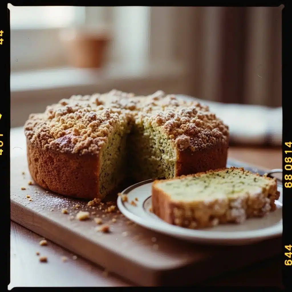 Slice of zucchini coffee cake topped with icing on a plate