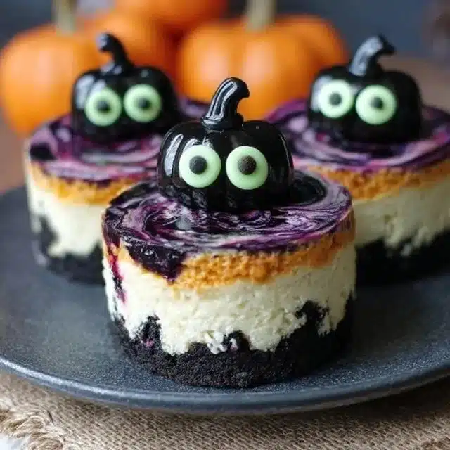 A spooky Halloween cheesecake decorated with festive toppings and Halloween-themed designs.