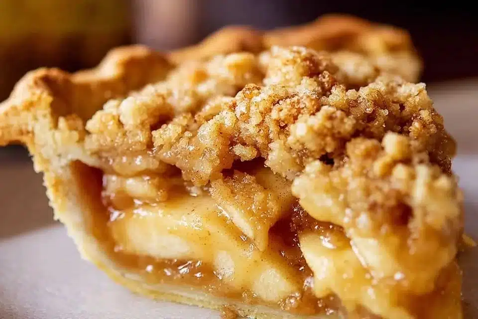 Slice of homemade Dutch Apple Pie with golden crust and apple slices