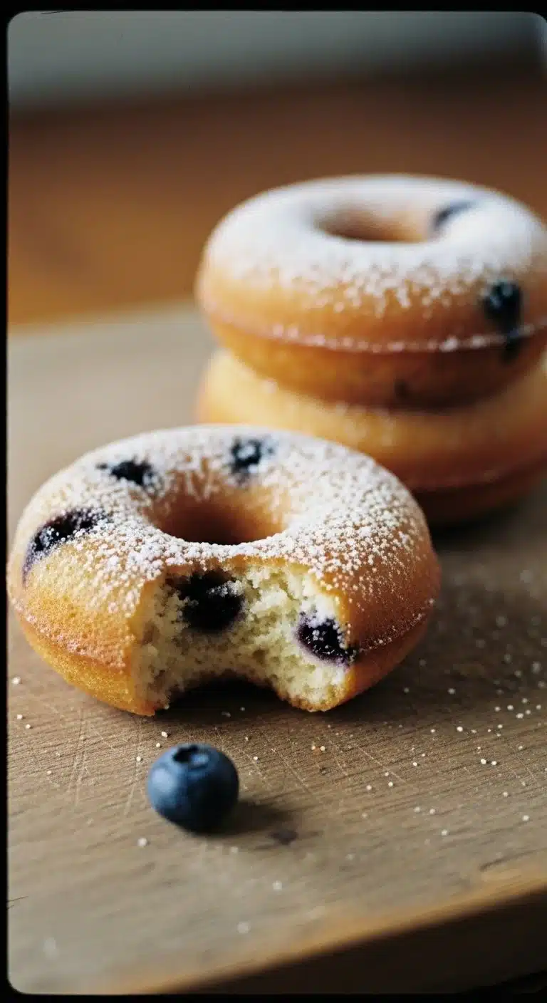 Blueberry Cake Donuts 1 Homemade blueberry cake donuts with a glaze on a white plate