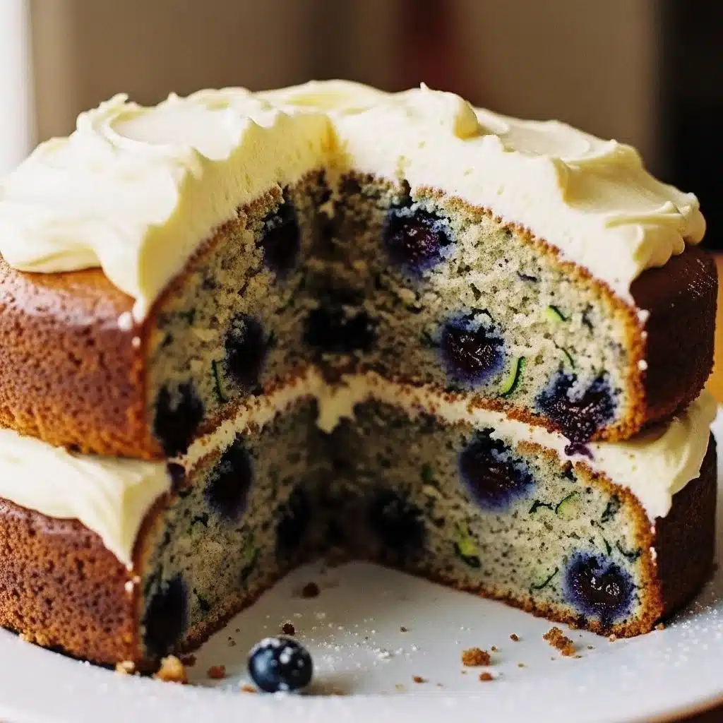 Blueberry Zucchini Cake with Lemon Buttercream 1 Blueberry zucchini cake with lemon buttercream frosting on a white plate