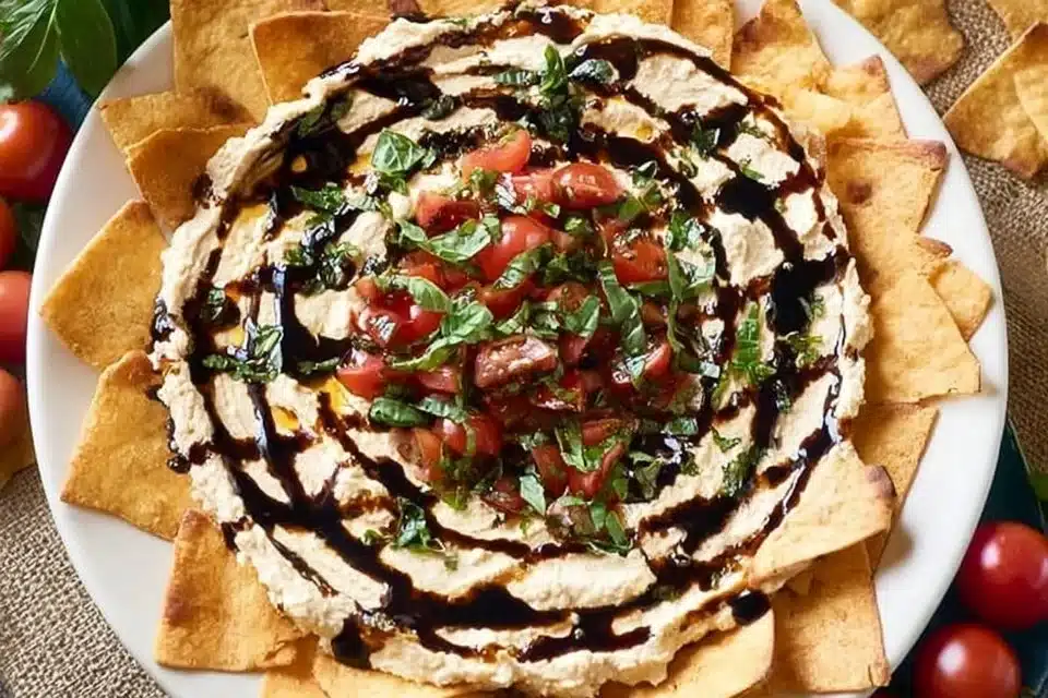 Bowl of Bruschetta Dip made with tomatoes, basil, and garlic served with crispy bread.