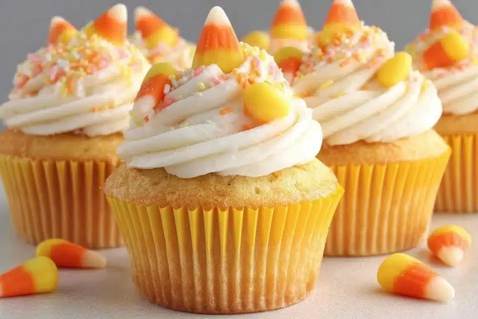 Candy Corn Cupcakes Recipe: 7 Fun & Festive Halloween Treats with Marshmallow Frosting 4 Candy Corn Cupcakes topped with fluffy Marshmallow Frosting