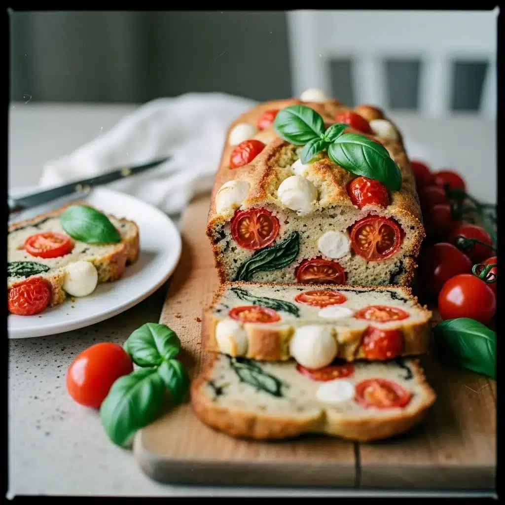 Slice of homemade Caprese quick bread with tomatoes and basil