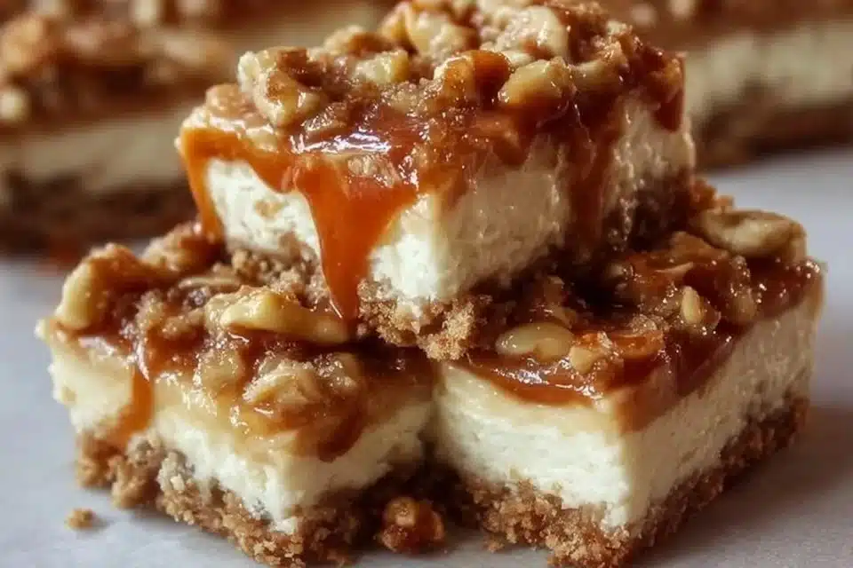 Ultimate Caramel Apple Cheesecake Bars - A Must-Try Delight 2 Delicious Caramel Apple Cheesecake Bars topped with caramel and apple slices