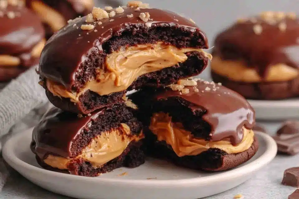 Chewy Buckeye Cookies with Peanut Butter and Chocolate Topping 4 Chewy Buckeye Cookies with chocolate topping and peanut butter filling