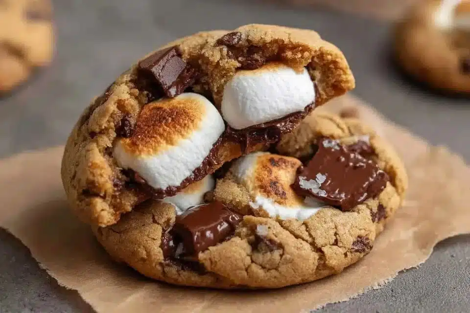 Chewy Pumpkin S’mores Cookies with chocolate and marshmallows on a plate