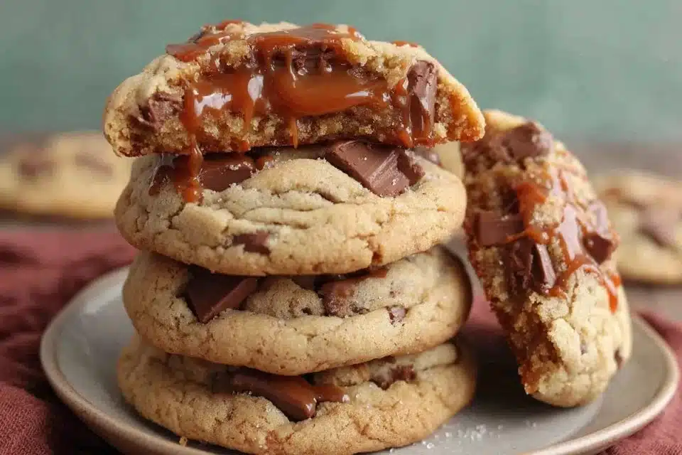 Chewy Twix cookies topped with chocolate and caramel drizzles