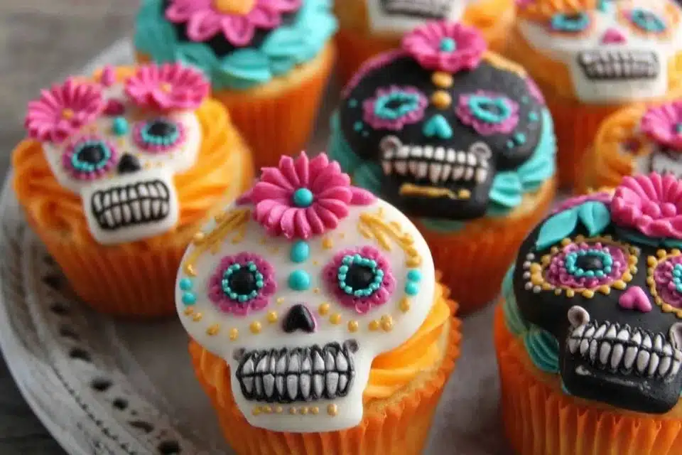 Colorful Day of the Dead Cupcakes Recipe: 7 Festive & Flavorful Treats to Celebrate Life 4 Colorful Day of the Dead cupcakes decorated with sugar skulls and flowers
