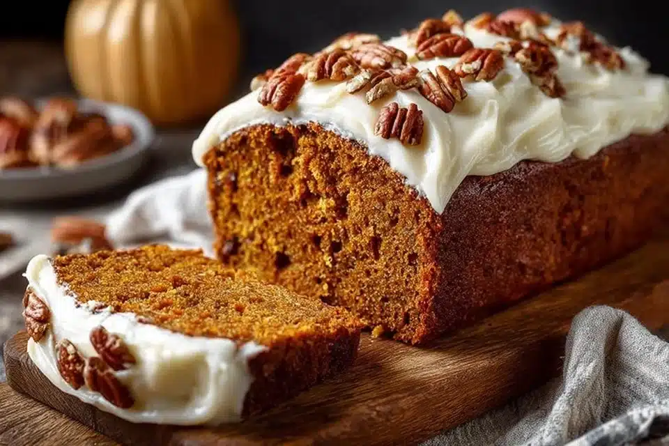 Cozy Pumpkin Loaf with Dreamy Cream Cheese Frosting 2 Delicious cozy pumpkin loaf with cream cheese frosting on a wooden table