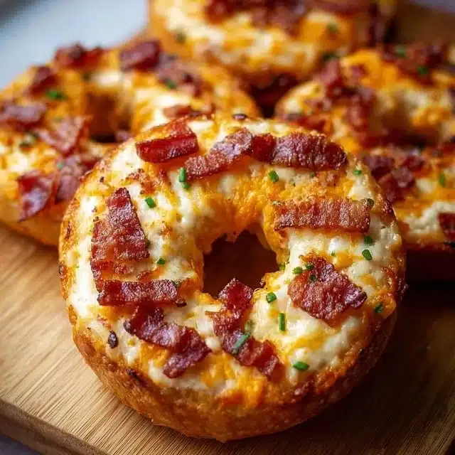 Creamy Bacon Cheddar Bagels 1 Creamy bacon cheddar bagels with crispy bacon and melted cheese