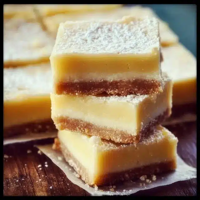 Delicious creamy lemon squares with a buttery crust and vibrant lemon topping