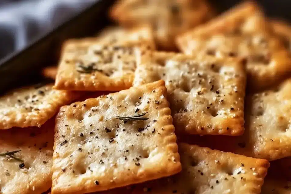 Crispy Italian herb cheese crackers on a wooden serving board.