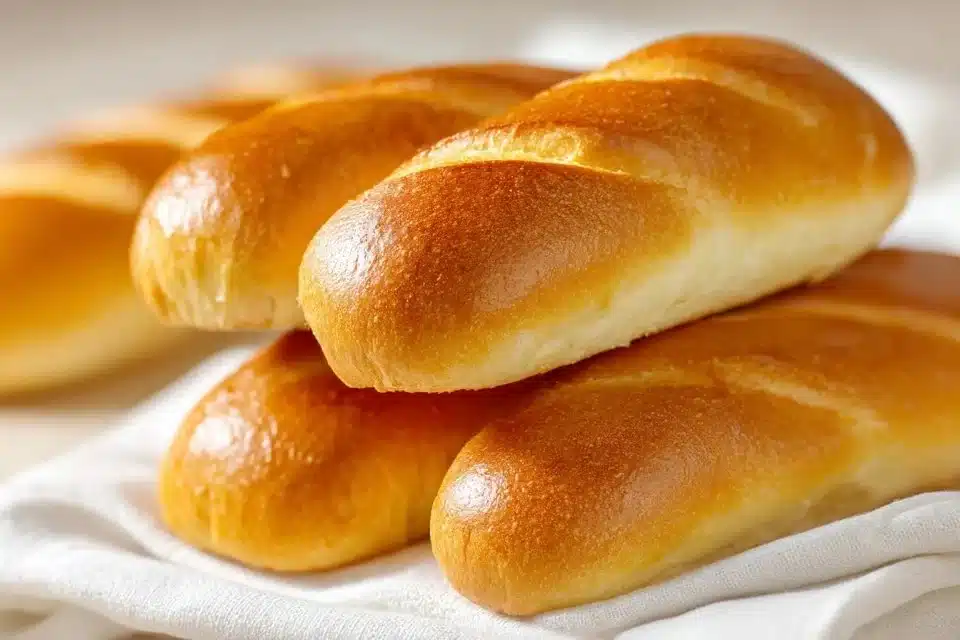 Crusty Chewy French Bread Rolls 2 Freshly baked crusty chewy French bread rolls on a wooden table