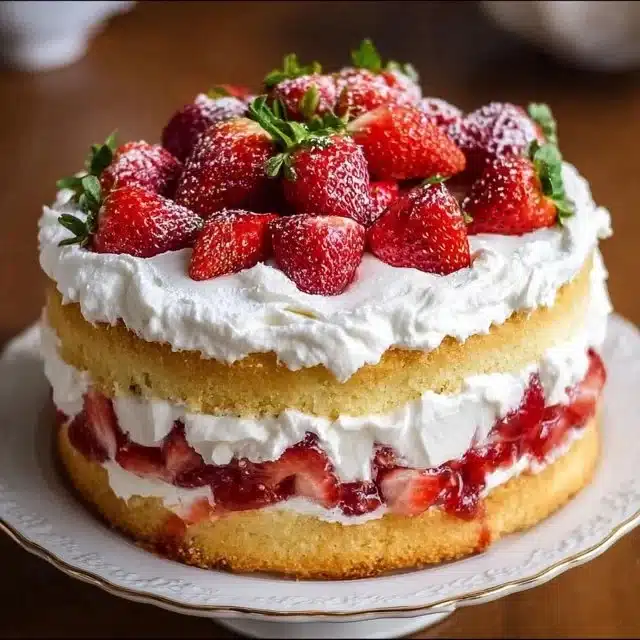 Decadent Strawberry Shortcake Cake 1 Decadent strawberry shortcake cake topped with fresh strawberries and whipped cream