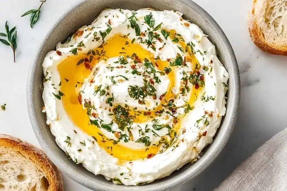 Delicious ricotta dip with hot honey served in a bowl