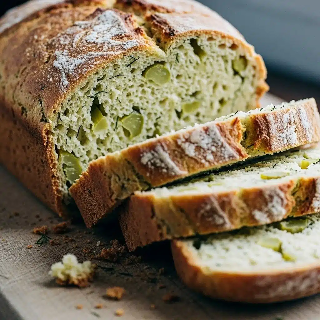 Freshly baked Dill Pickle Bread loaf with dill sprigs and pickles beside it.