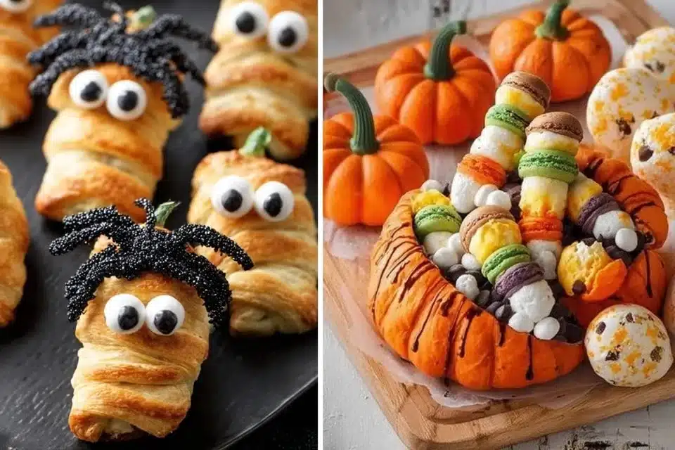 A platter of easy Halloween appetizers including spooky-themed treats.