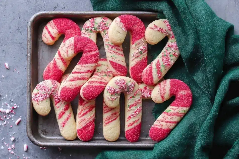 Deliciously festive homemade candy cane cookies on a plate.