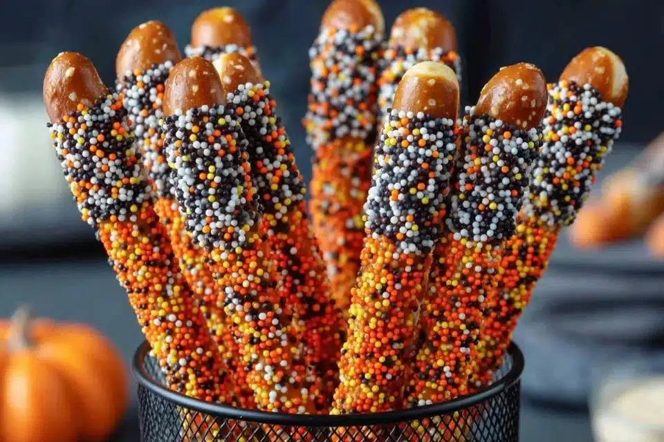 Easy Chocolate Dipped Pretzel Rods for Fall Snacks 4 Delicious chocolate dipped pretzel rods decorated for fall snacks