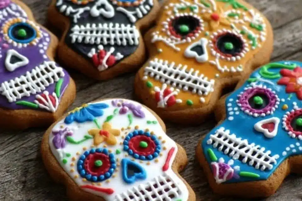 Decorated Day of the Dead skeleton cookies on a festive table