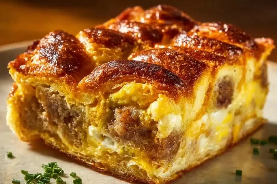 Delicious sausage egg casserole ready to serve for breakfast or brunch.