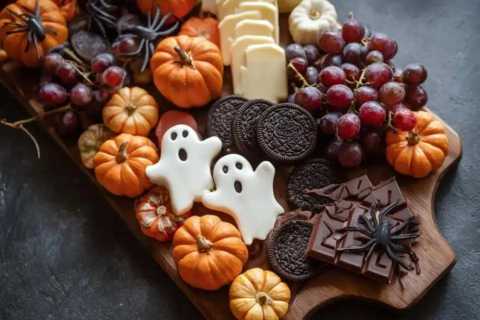 An easy Halloween charcuterie board with spooky treats and festive decorations.