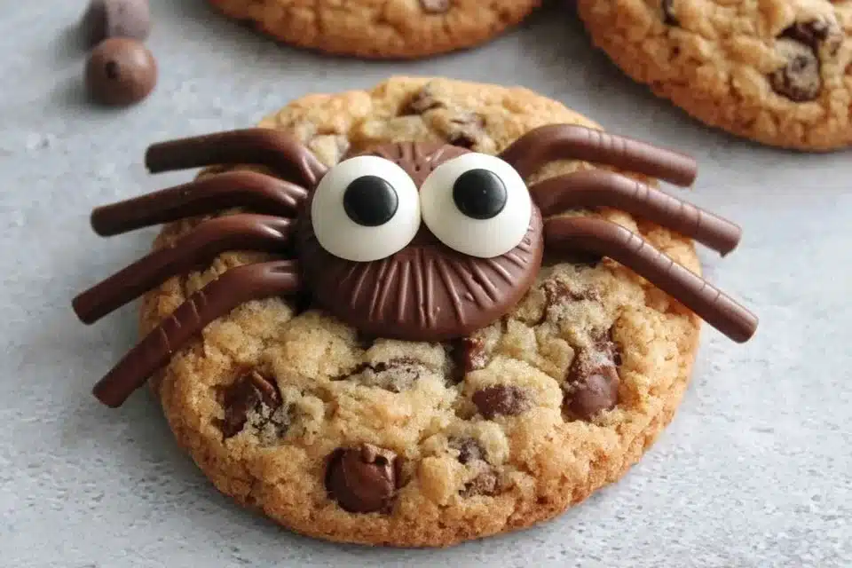 Easy Halloween chocolate chip cookies decorated with spooky spider toppings