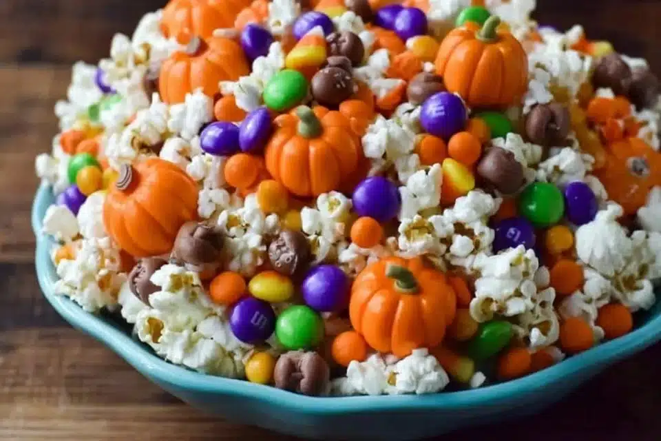 Easy Halloween Popcorn 4 Bowl of colorful Easy Halloween Popcorn decorated for the spooky season.