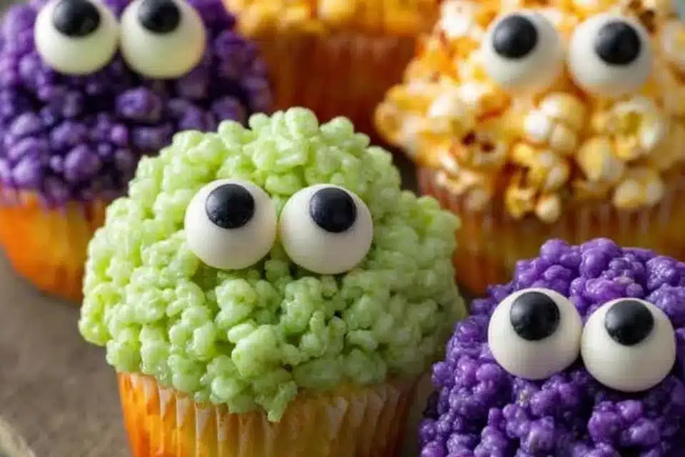 Easy Halloween Rice Krispie Treats with Candy Eyes 4 Easy Halloween Rice Krispie Treats decorated with candy eyes