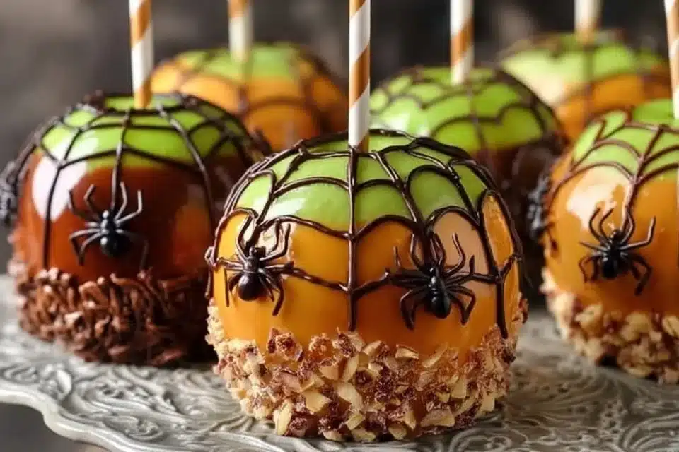 Easy Halloween Spiderweb Caramel Apples decorated for a festive touch