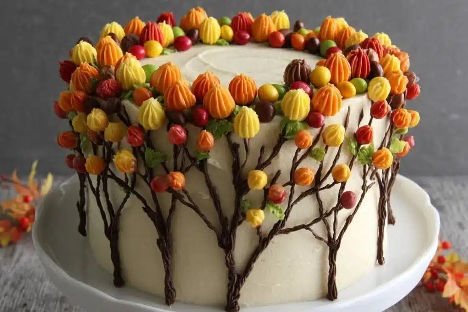 Easy mini chocolate tree cakes topped with vibrant fall candy leaves