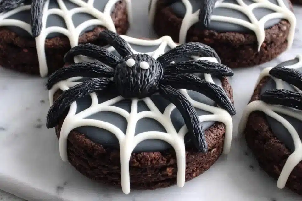 No bake Oreo Spider Web Cookies decorated for Halloween