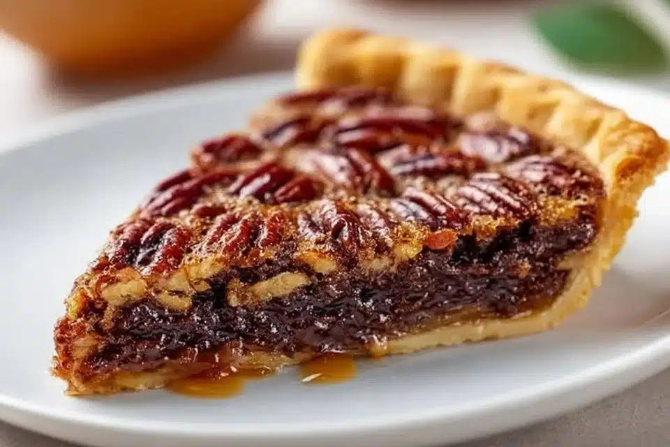 Slice of classic easy traditional pecan pie on a plate