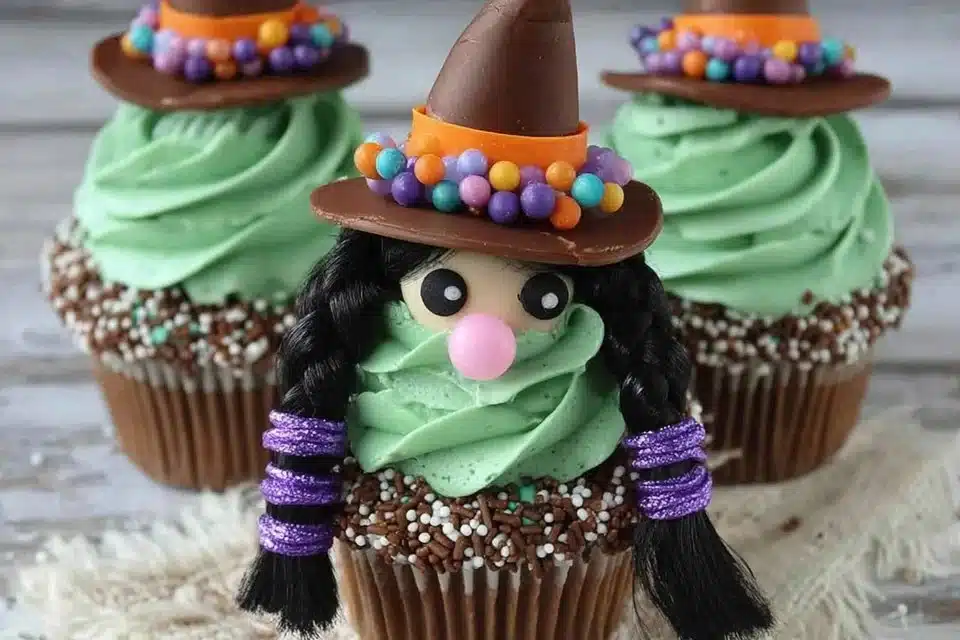 Easy witch hat cupcakes decorated for Halloween