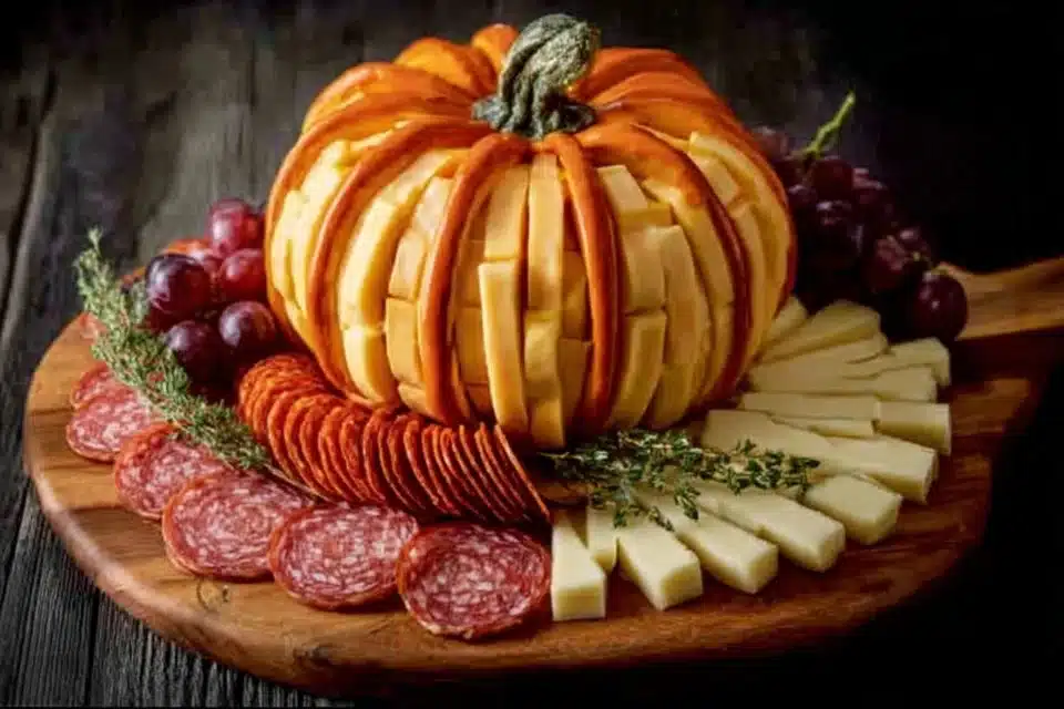 Beautiful fall charcuterie board with seasonal ingredients and decorative elements.