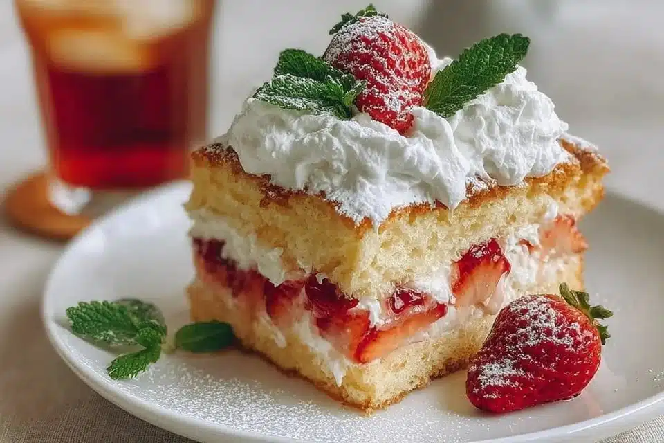 Fluffy Italian Strawberry Shortcake – Elegant Summer Dessert 2 Fluffy Italian strawberry shortcake topped with fresh strawberries and whipped cream.
